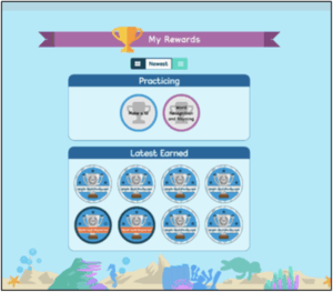 The My Rewards screen has two sections: Practice and Latest Earned. The trophies you are working on or earned will show here.